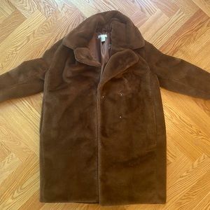 Faux fur H&M chocolate brown teddy bear coat, size medium.